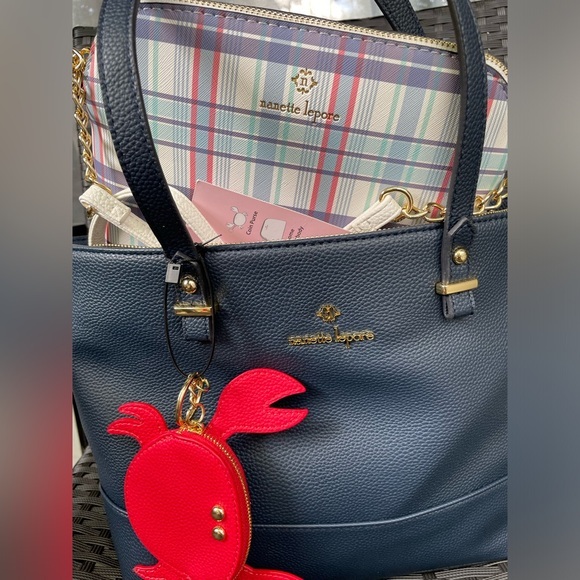 Tote Bag,Crossbody Bag,Coin Purse,Nanette Lepore Navy Bag with Red Accent. - Picture 1 of 16